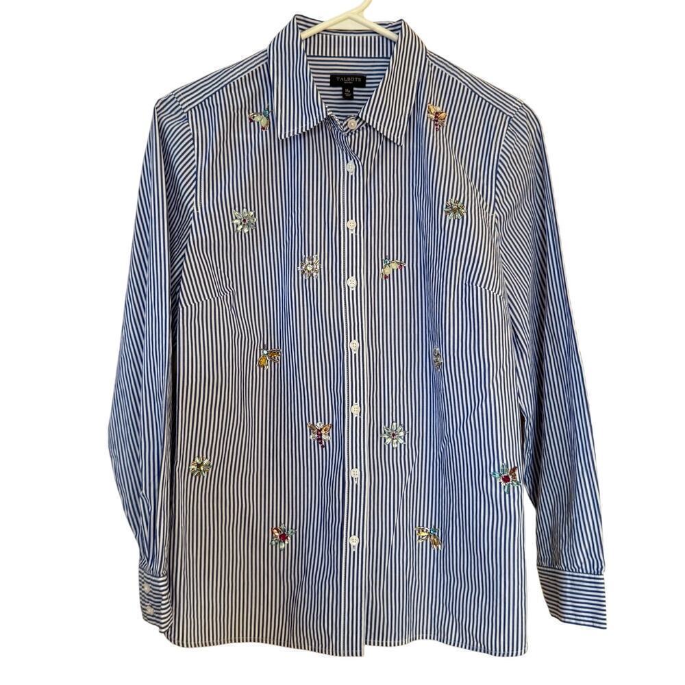 Talbots Womens Beaded Long Sleeve Shirt Sz MP Bugs Dragonfly Flower Blue Striped